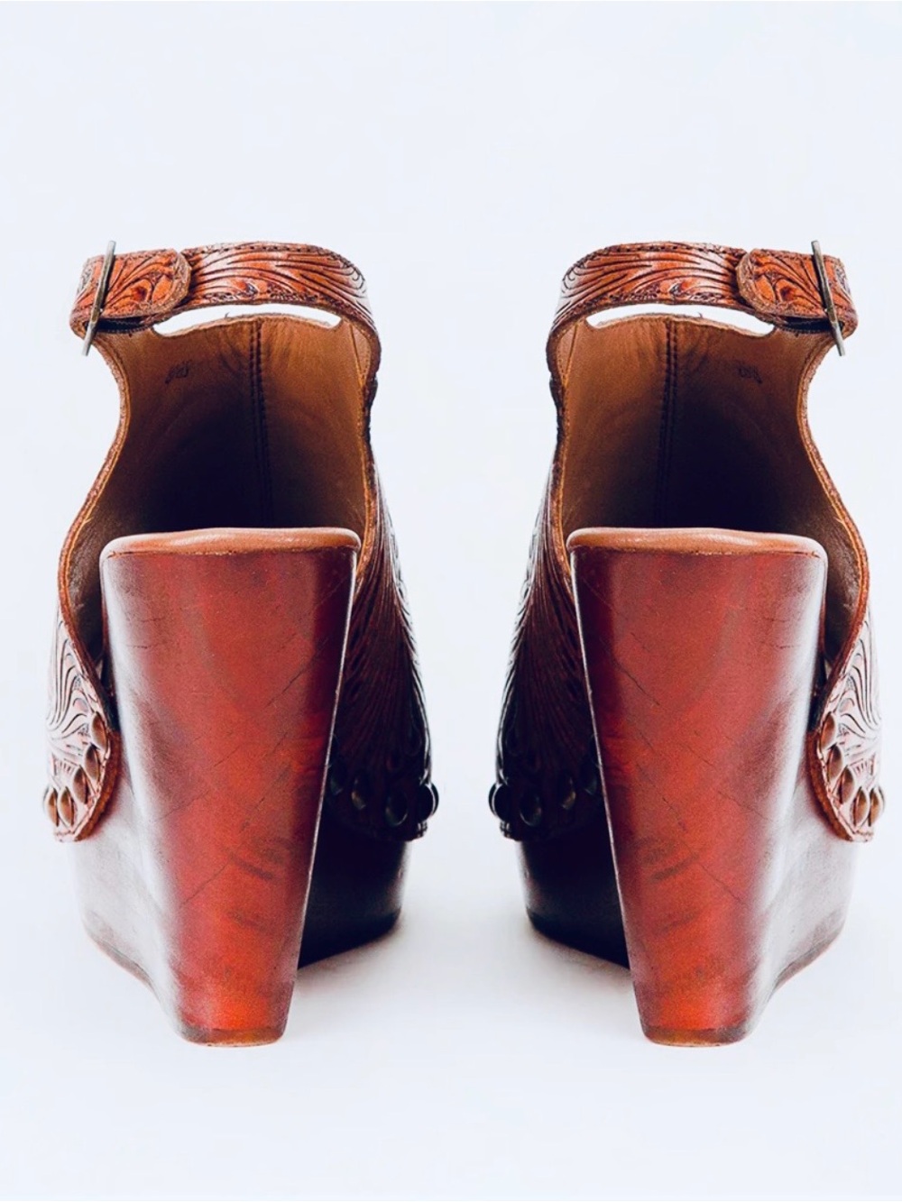 Myra Bag - Loyal West Line Amelia Hand Tooled Leather Wedge Sandals - Tan - Picture 3 of 7